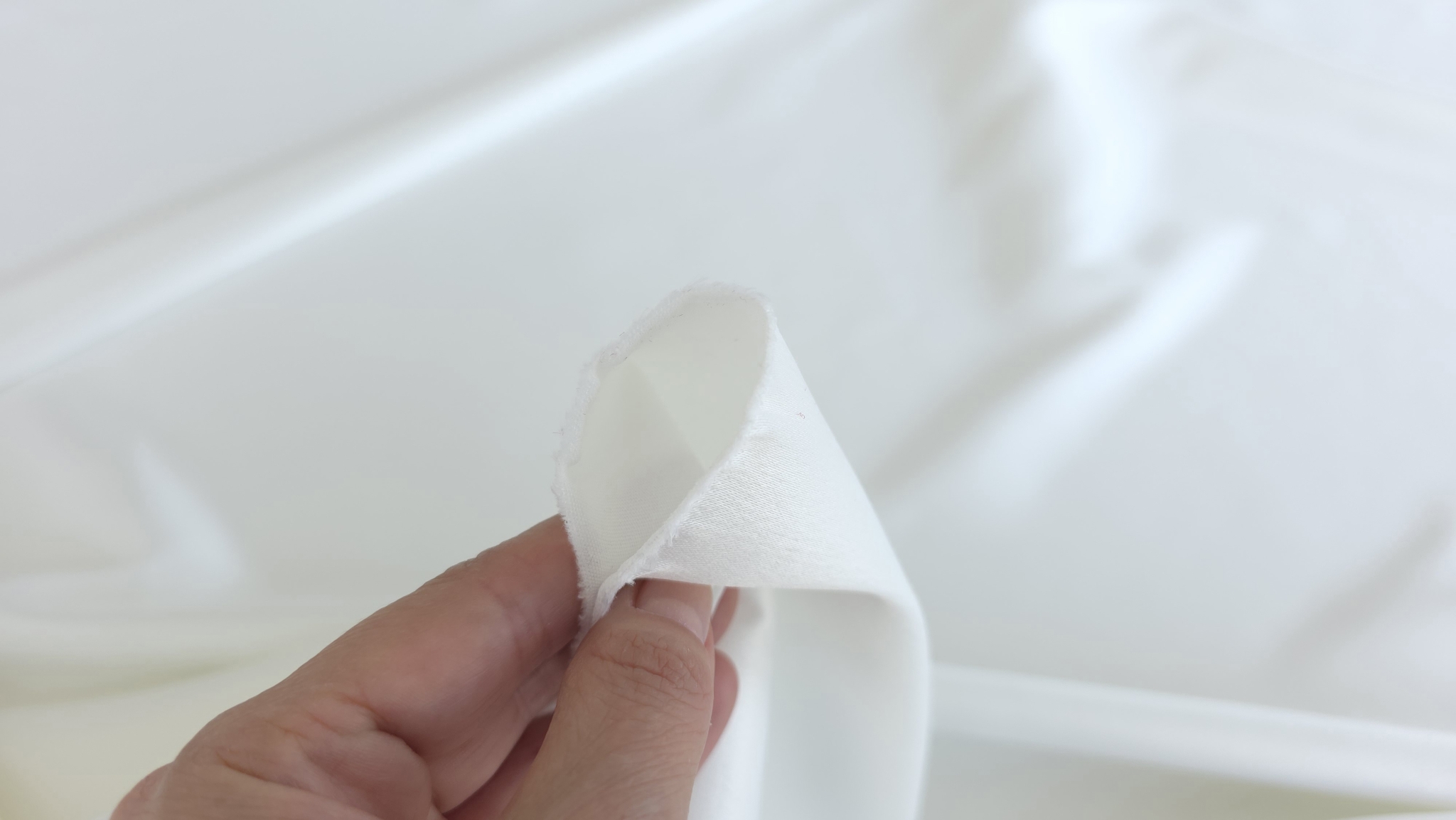Mână ținând o bucată de tafta ivory răsfrântă cu marginea franjurată vizibilă