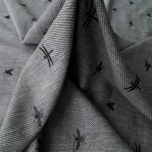 Stofa gri inchis din lana brodata Black Dragonflies