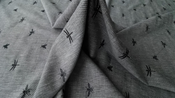 Stofa gri inchis din lana brodata Black Dragonflies