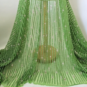 Broderie verde fistic cu pietre pe tulle elastic