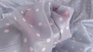 Silver grey plated silk with peach polka dots