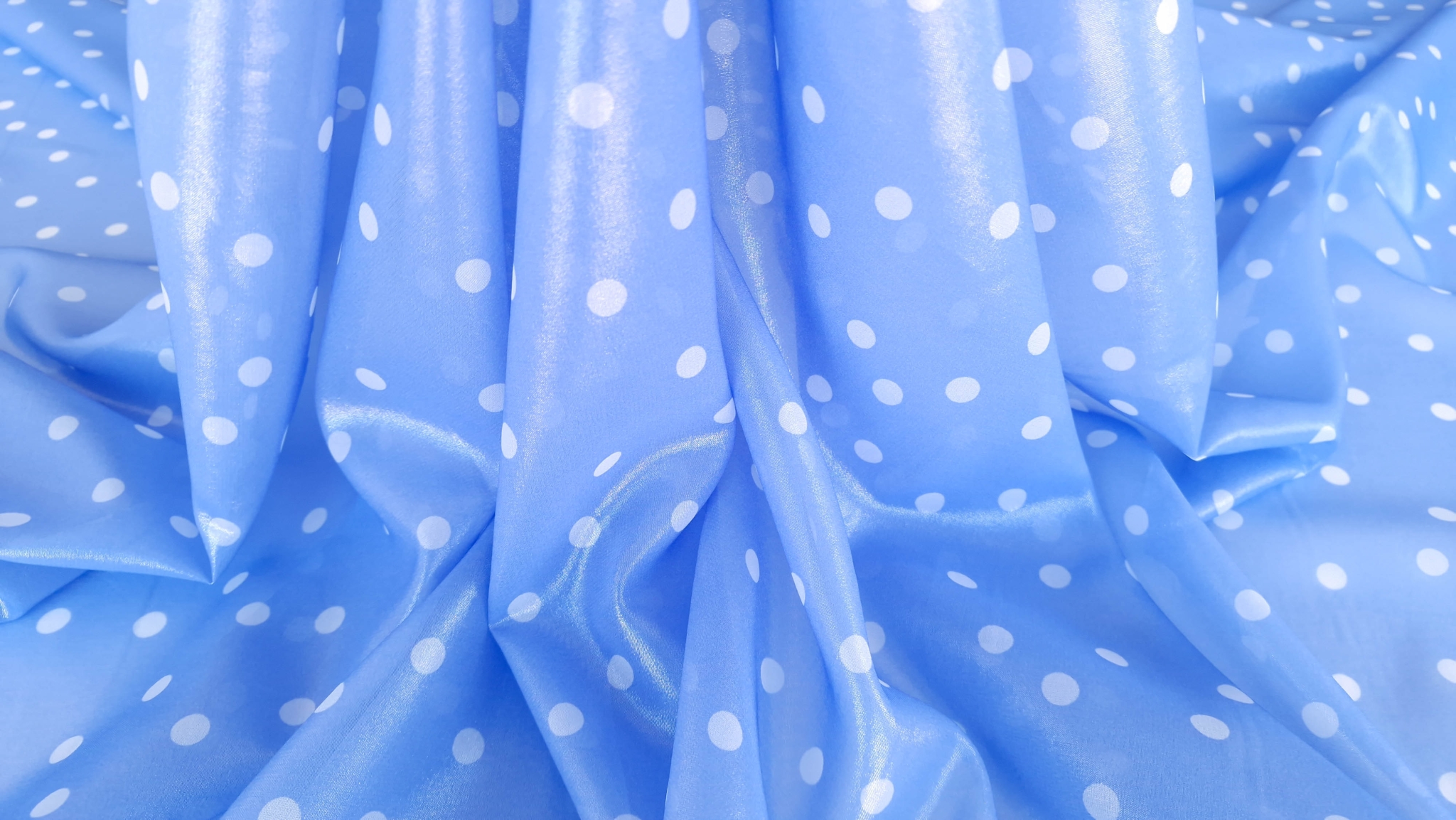 Sky blue plated silk with ivory polka dots