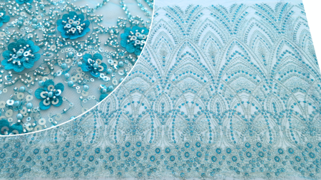 Broderie petrol pe tulle usor elastic