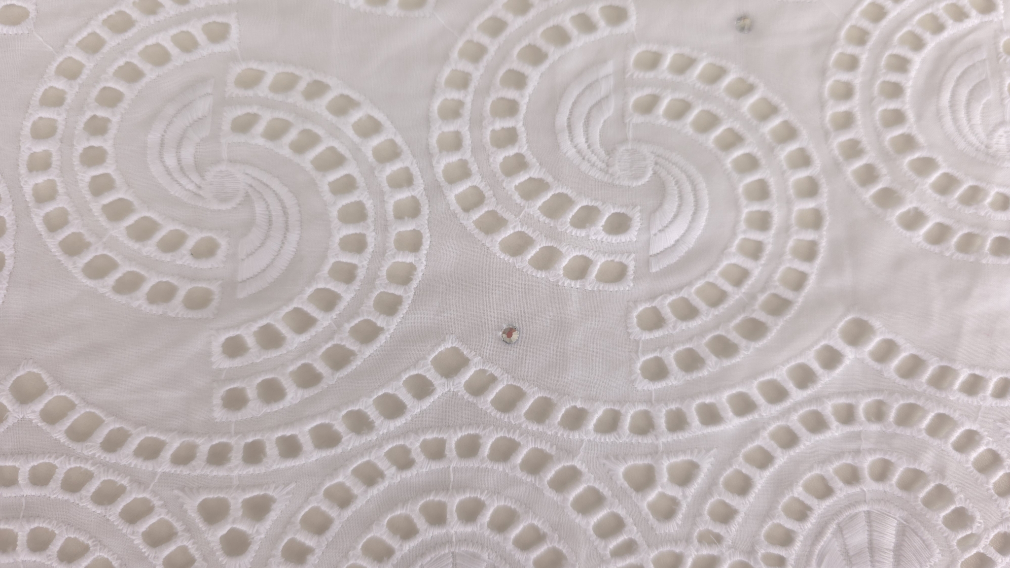 Dantelă brodată spartă cu cristale Ariana în falduri naturale, evidențiind decupajele deschise