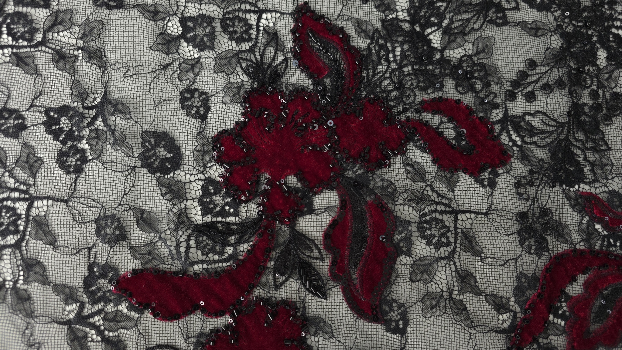 Dantelă cu catifea roșie și margele negre, plan mediu pe motive florale