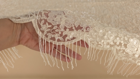 Detaliu al unui scalop al bordurii ridicat cu mâna pentru a arăta structura și franjurii