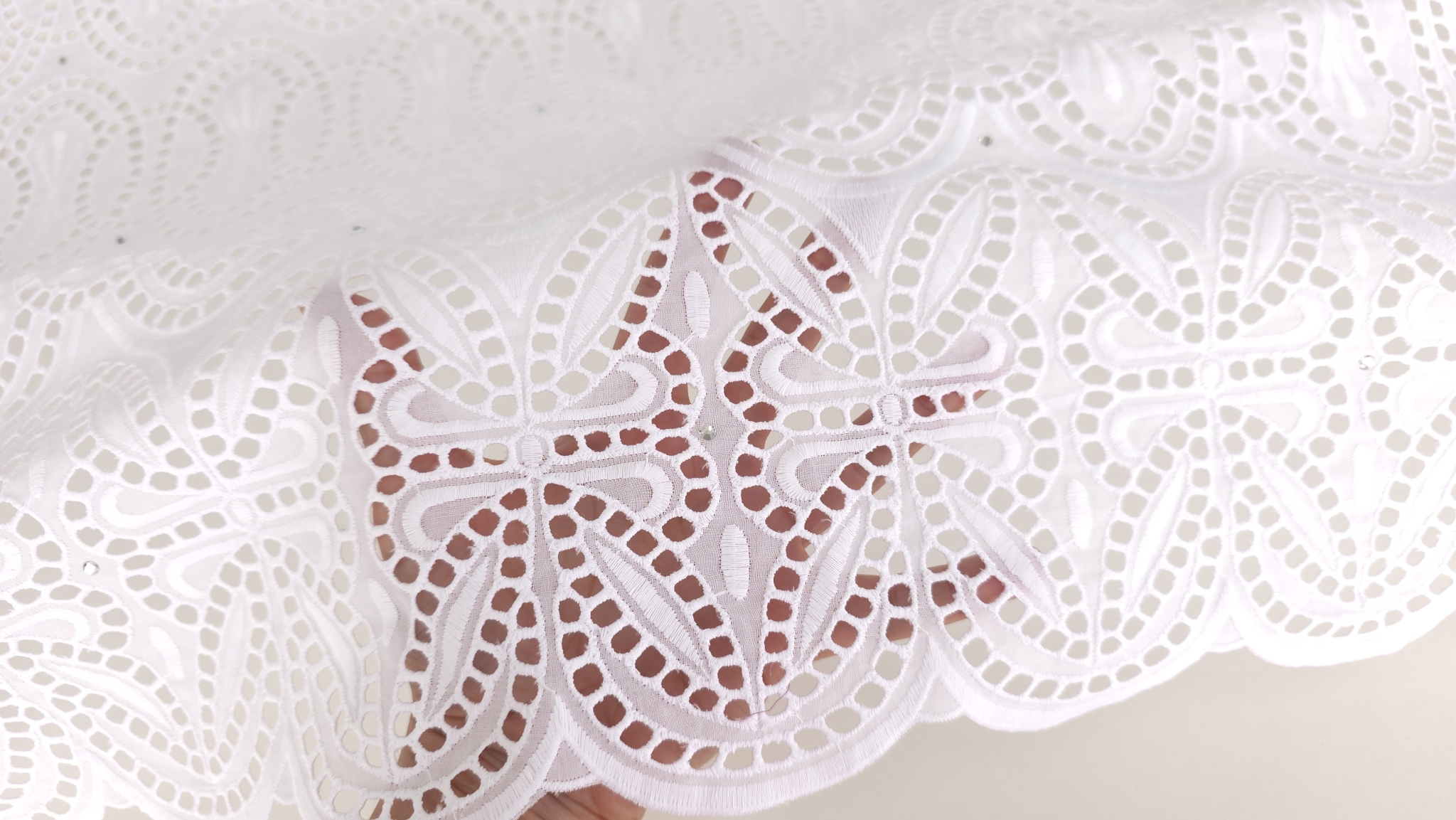 Detaliu macro pe motiv central în cruce cu perforații mari și broderie compactă albă