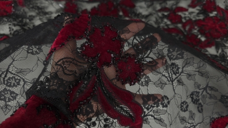 Flori și frunze roșu sânge pe tulle negru cu margele pe contururi