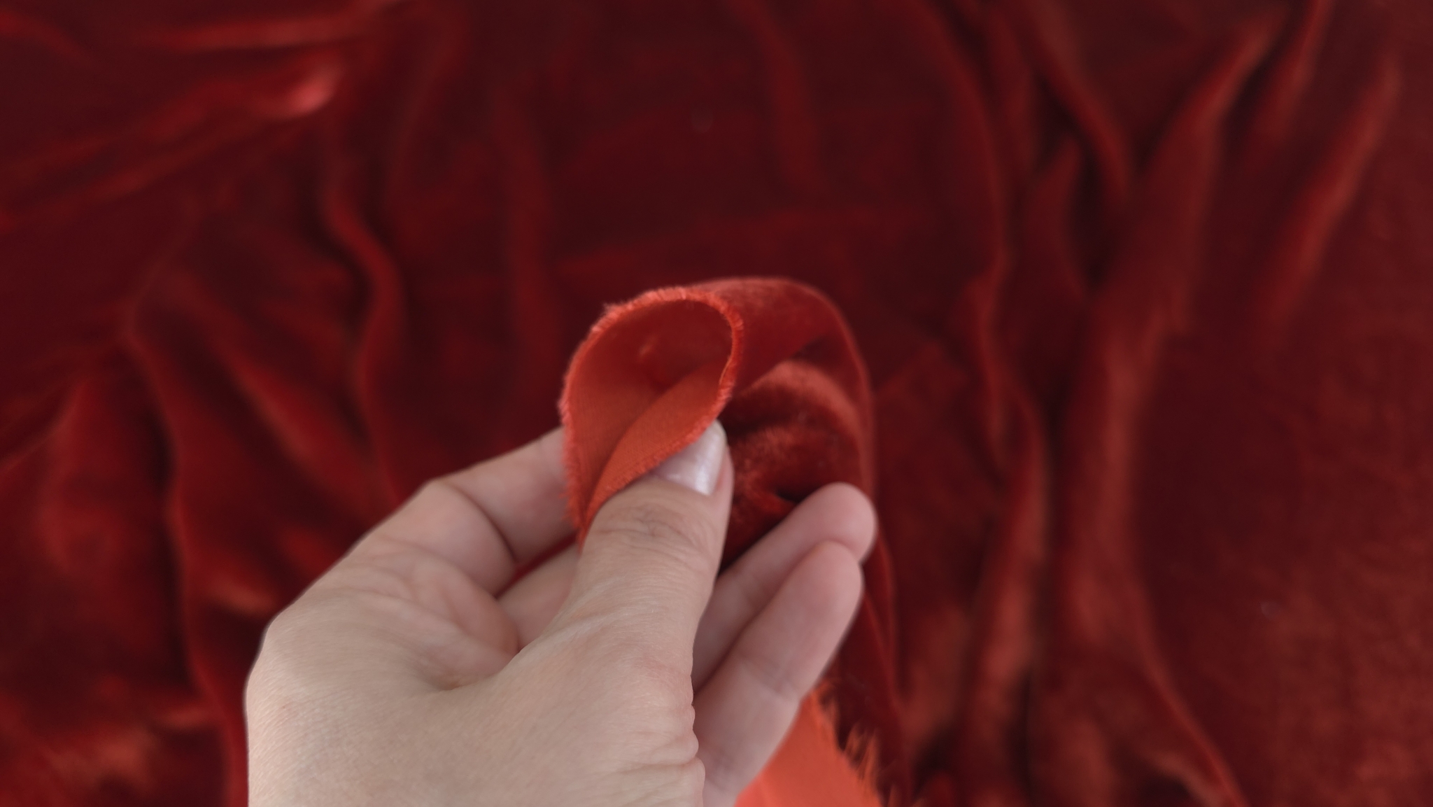 Mână strângând catifeaua grenadine pentru a evidenția grosimea materialului