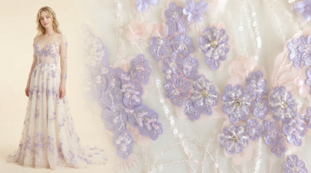 Model purtând o rochie de gală creată din tull cu aplicații florale lila, alături de un detaliu macro al materialului