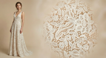 Rochie de mireasă ivory din broderie cu margele și detaliu macro pe motivul floral brodat accesorizat cu mărgele și micropaiete