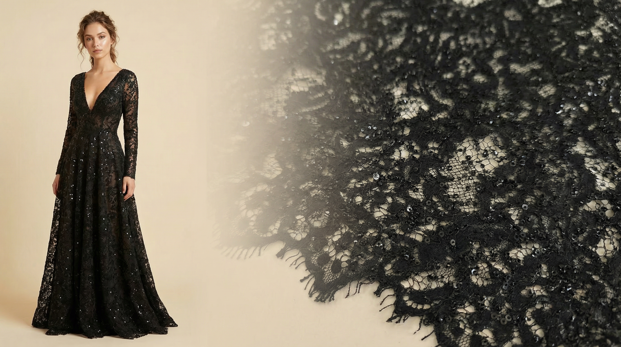 Rochie lungă neagră cu decolteu în V realizată din broderie cu aplicații strălucitoare, alături de detaliu macro pe textura materialului cu bordură tip gene