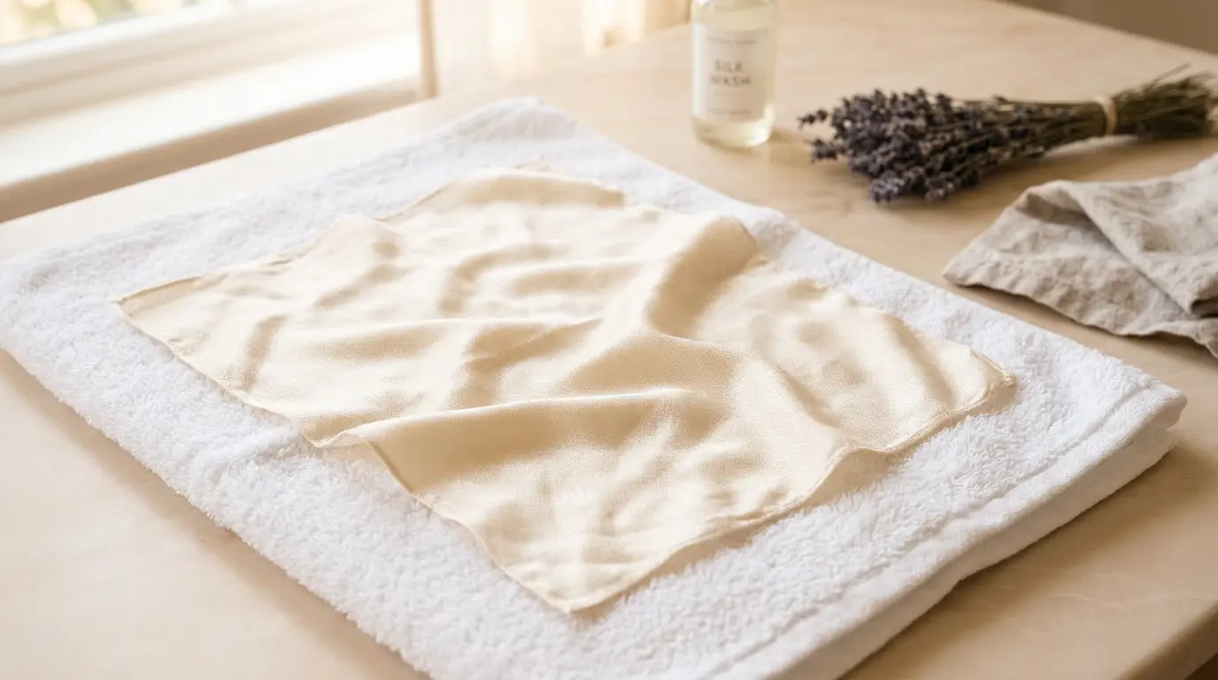 Uscare corectă a mătasii naturale material întins pe prosop curat