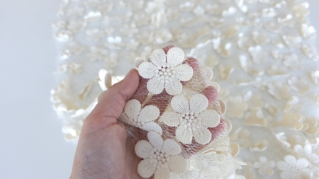 falduri de dantelă ivory cu flori 3d ținută în mână