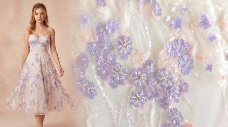 Model purtând o rochie de gală creată din tull cu aplicații florale lila, alături de un detaliu macro al materialului