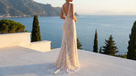 manechin prezentând o rochie de mireasă cu spatele decupat, realizată din dantelă albă tip chantilly rebrode