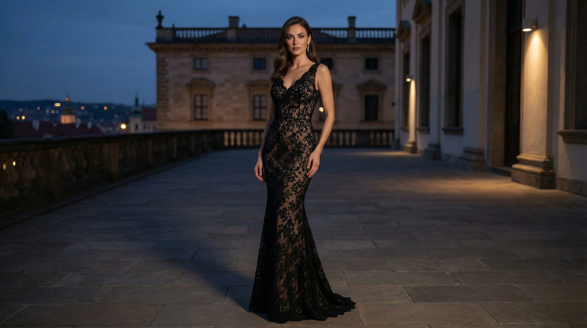 manechin purtând o rochie de gală tip sirenă confecționată din dantelă neagră cu efect de cascadă florală