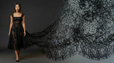 rochie cocktail neagra din dantela chantilly cu micropaiete si margele detaliu bordura festonata la tiv