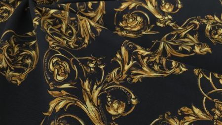 Black denim bumbac cu imprimeu baroc, pliu cu cartuș oval și corzi