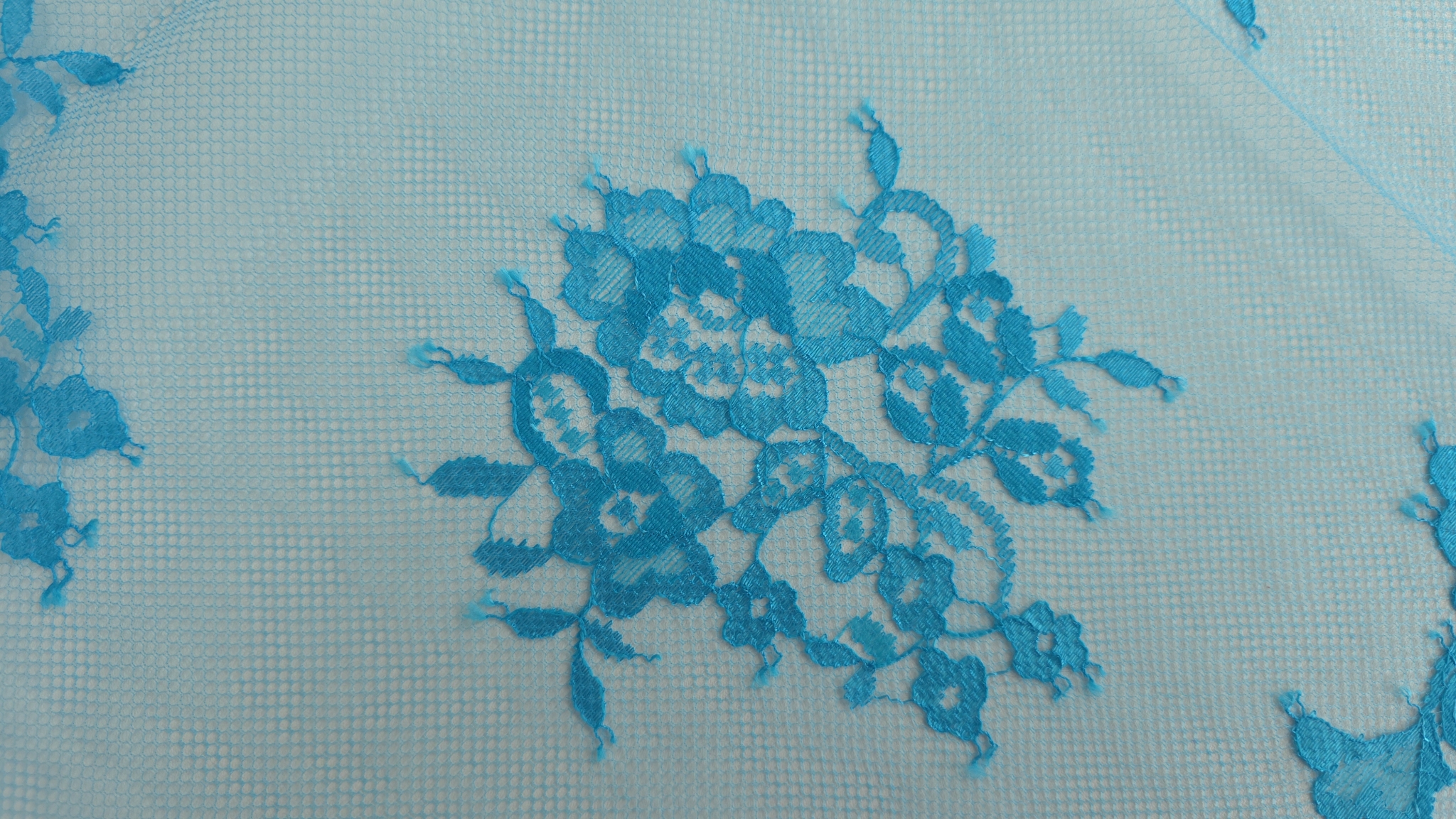 Buchet floral turquoise izolat pe tull fin cu textura plasă hexagonală vizibilă în fundal