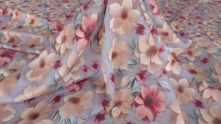 Cădere naturală a vâscozei florale lila cu falduri verticale moi și petale roz vizibile pe suprafața sidefată