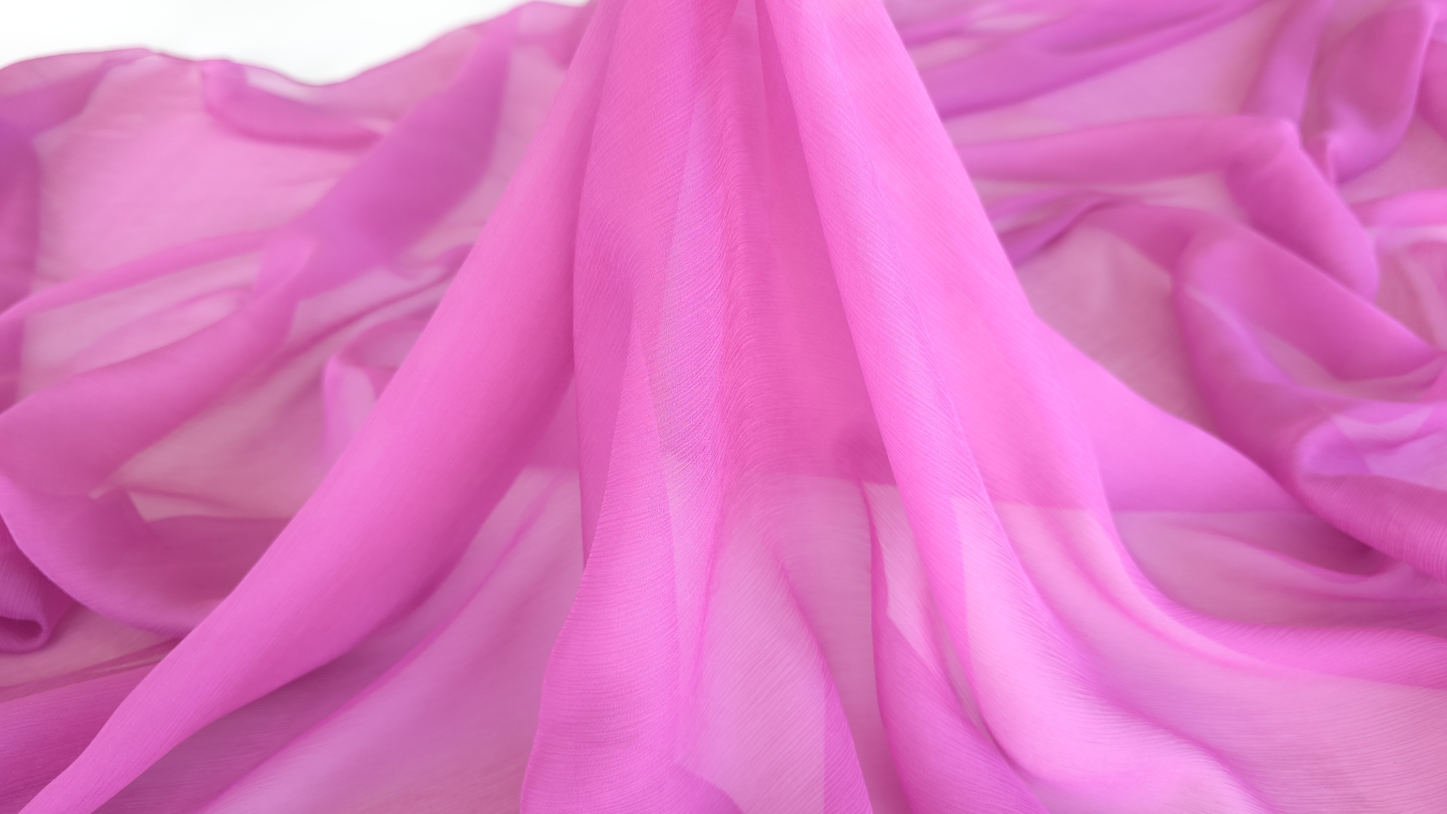 Căderea naturală a voalului roz zmeurică cu falduri verticale transparente pe fundal alb