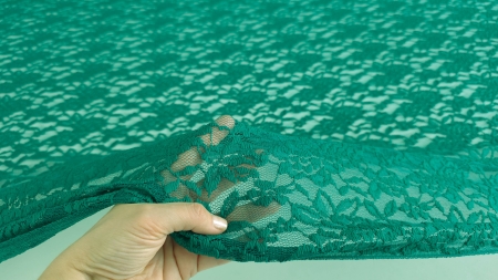 Dantelă chantilly rebrodată verde la metru ținută în mână, textură în relief