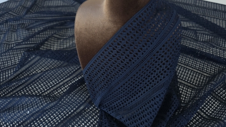 Dantela sparta bleumarin drapată diagonal pe bust maro cu benzi decorative și romburi conturate