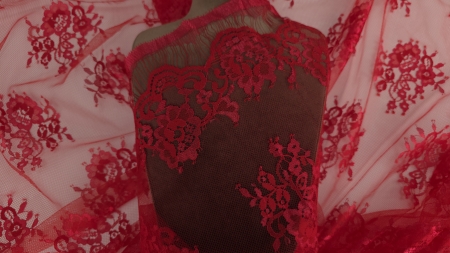 Falduri ample din dantela Chantilly roșu Ferrari strânsă pe manechin