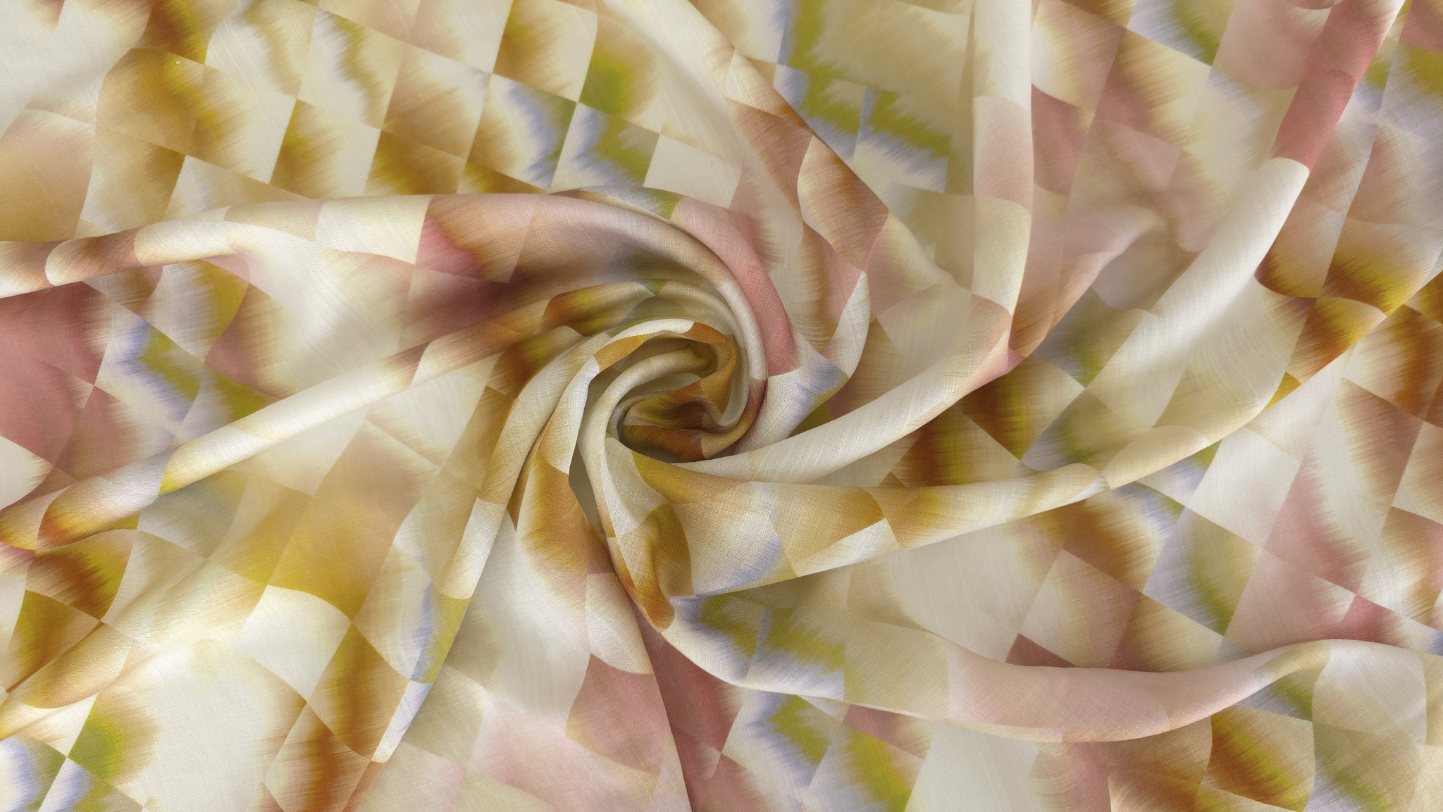 Falduri răsucite în spirală din vascoza imprimata digital geometric galben ocru