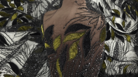 Frunze din catifea verde olive și neagră cu ramuri de micropaiete negre prezentate pe bust, vedere frontală