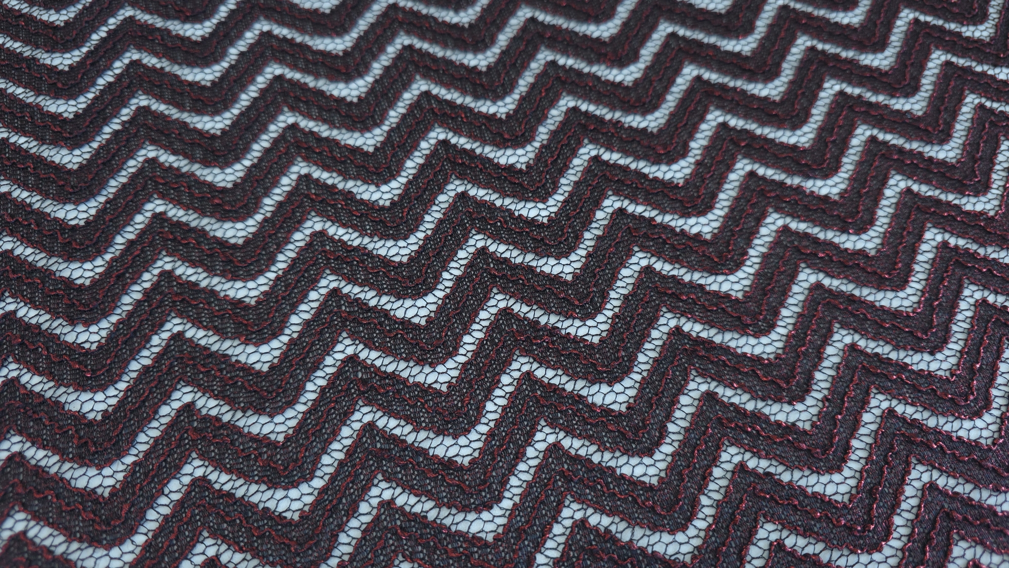 Ochiuri fine de plasă neagră cu linii zigzag conturate de fir roșu metalizat