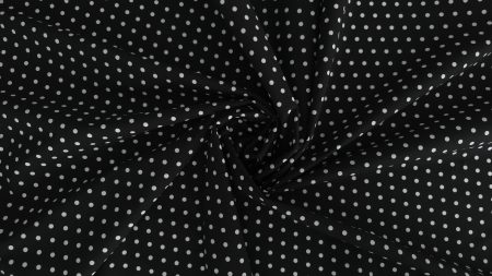 Poplin negru cu buline albe de 5 mm răsucit spiralat central