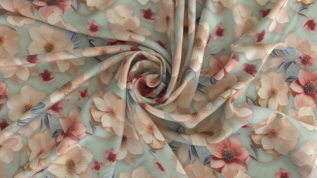 Țesătură fluidă cu imprimeu tridimensional floral răsucită în spirală pe fond verde deschis