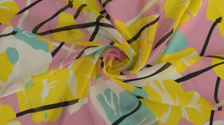 Voal georgette din vâscoză cu hibiscus stilizați și tulpini fine