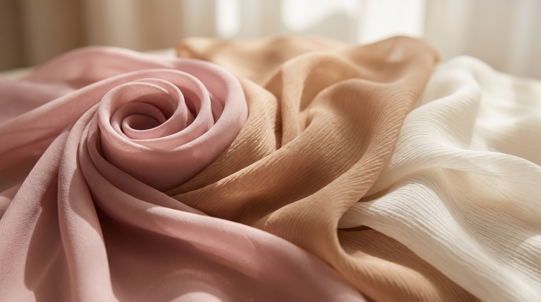 Ce este muselina din matase naturala, voal creponat roz pudra bej si alb ivoire Evelin Textile