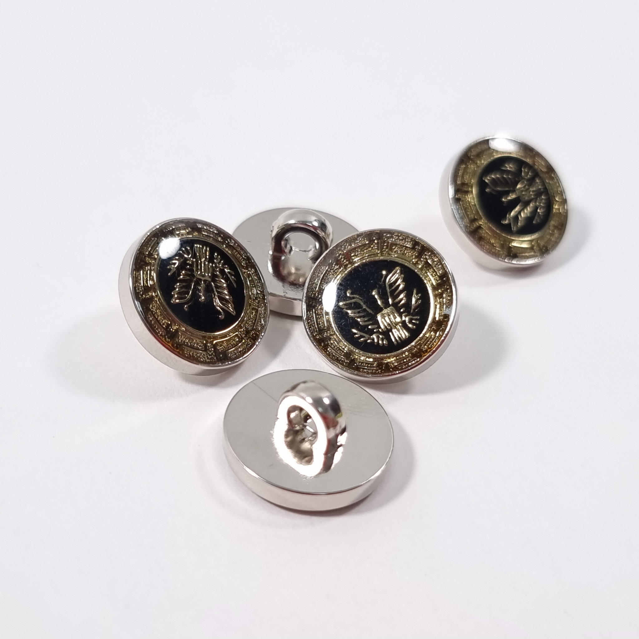 nasturi metalizați cu vultur heraldic PCS009, finisaj argintiu cromat, Ø15mm, față și spate cu picior metalic