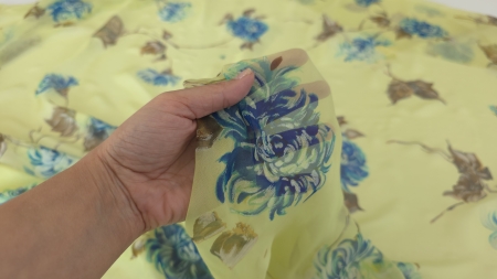 Chiffon transparent cu crizanteme susținut în mână cu lumina trecând prin material