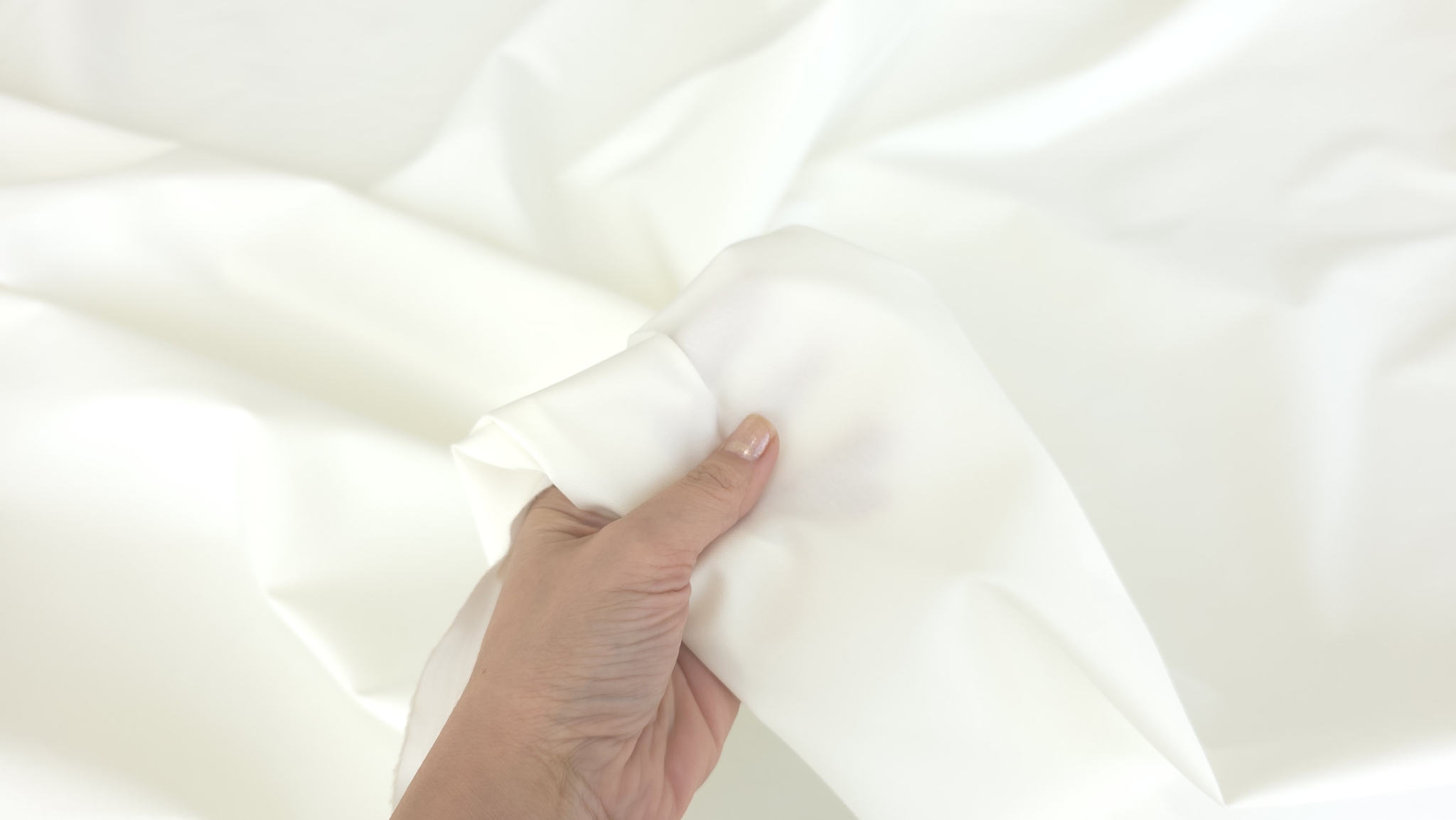 Poplin ivory gros din bumbac si elastan ținut în mână evidențiind finisajul fin al materialului