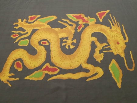 cap de dragon auriu cu ochi rosu si insule verzi rosii pe fond gri