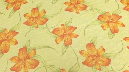 voal imprimat floral cu aspect gofrat cu crini portocalii pe fond galben deschis