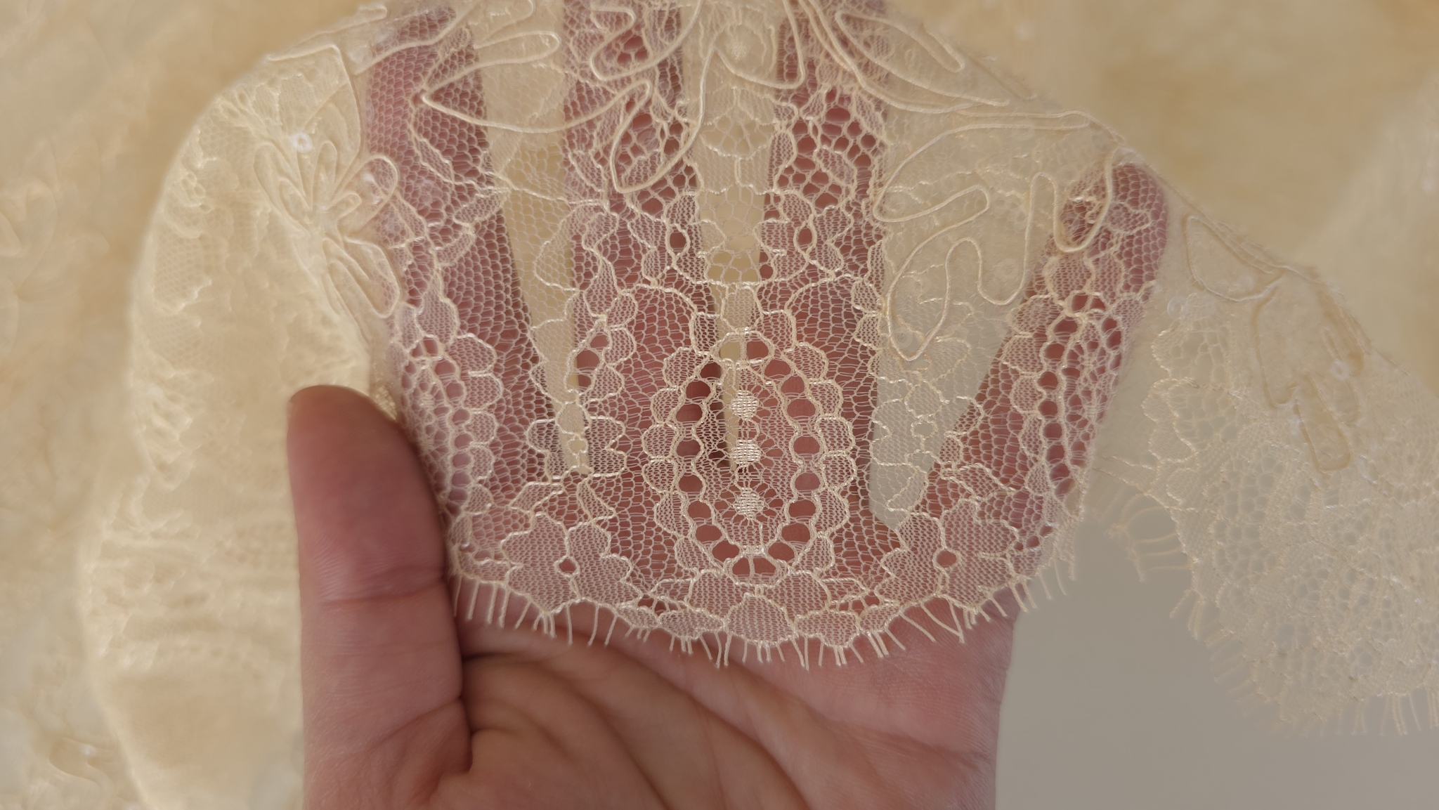 bucata de dantela nude tinuta pe palma aproape cu desen floral in relief