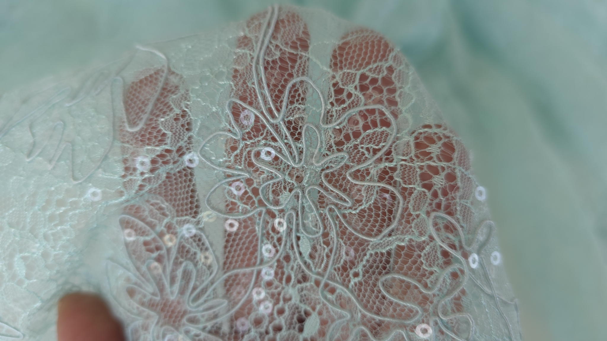 bucata de material transparent tinuta pe palma cu broderie florala