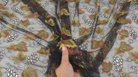 Material transparent ținut în mână, cu ornamente vegetale colorate și linii în buclă