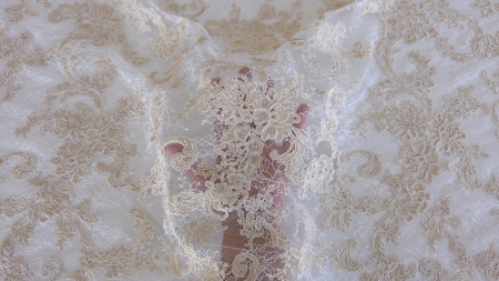 Broderie florală translucidă așezată pe palmă, cu baza vizibilă prin motive