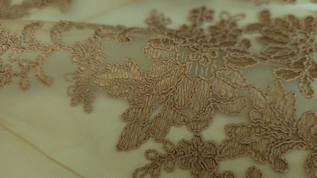 Dantela nude bronz cu bordura dubla, detaliu de broderie florală